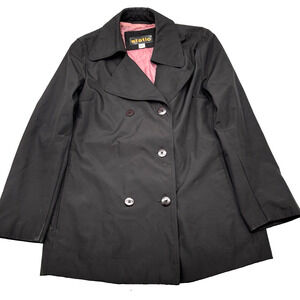 Vintage 90s Static Brand Black Polyester Nylon Double Breasted Pea Coat Size M